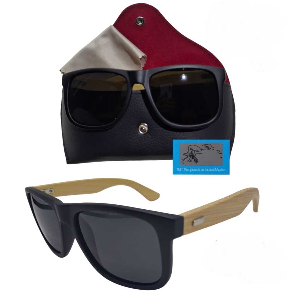 Óculos De Sol Masculino Polarizado Proteção UV400 Bambu Madeira Escuro Praia Verão + Case e Flanela