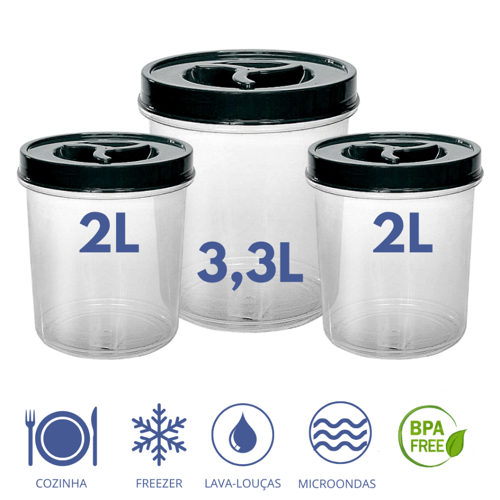 Jogo 3 Potes Mantimento Transparente Tampa de Rosca 1 Pote de 3,3L + 2 Potes de 2L BPA FREE
