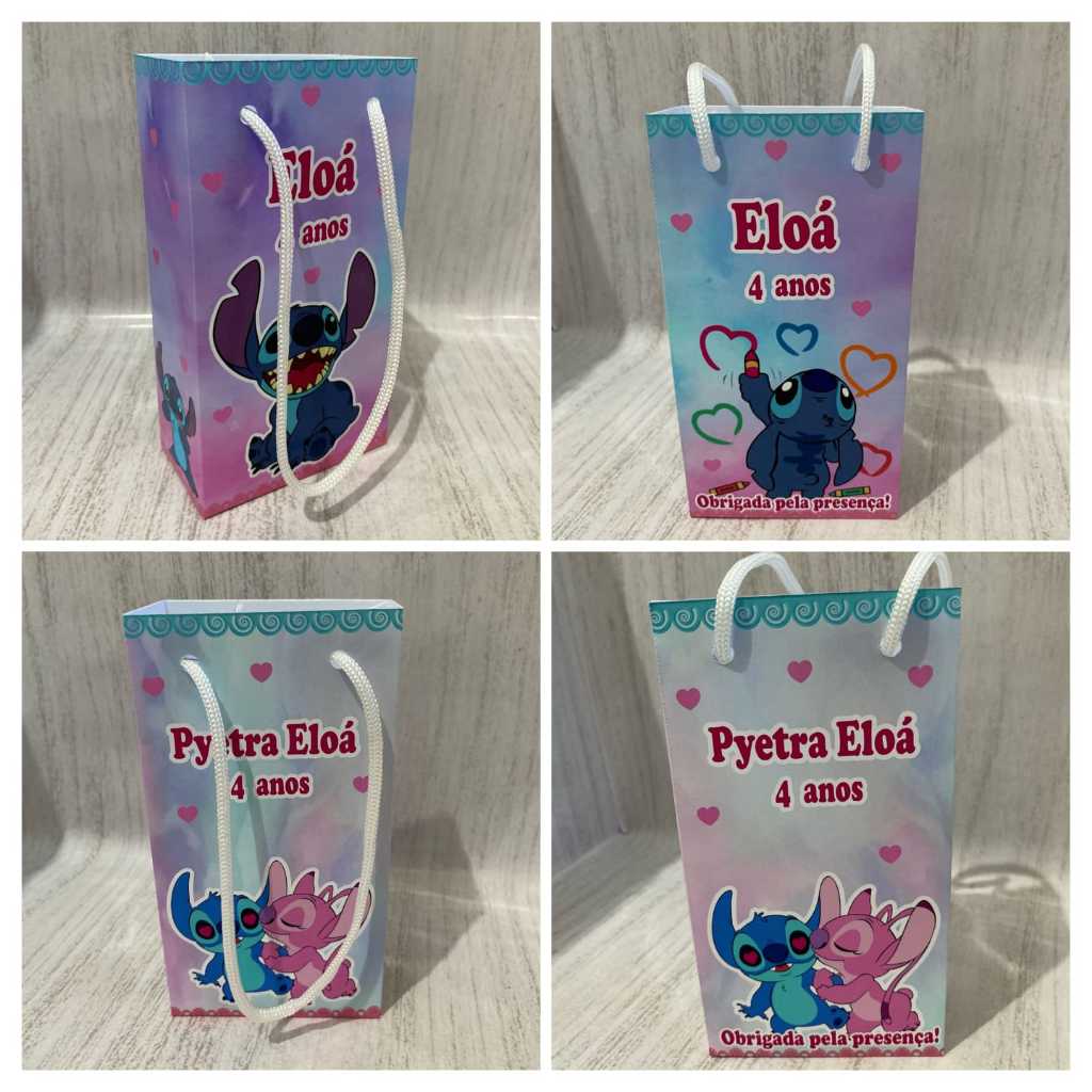 Sacolinhas Surpresas P Stitch/ Stitch e Angel Personalizada com nome Festa Infantil Chá Aniversário Lembrancinhas
