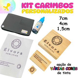 Kit Carimbo Personalizado  + Almofada + Tinta colorida - Com Logo e dados tinta Papel Plastico Tecido em Oferta na Shopee