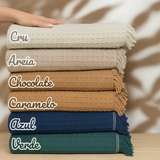 Manta de Sofá Piquet Algodão Cru Com Franjas Boho Algodão Decorativa Grande 1,50x2,10