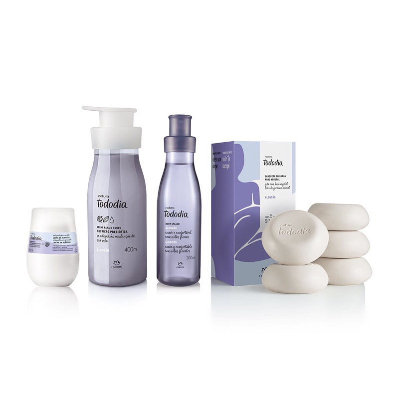 Kit Tododia Algodão (Creme Hidratante, Desodorante Roll On, Body Splash, Sabonetes com 5 unidades)