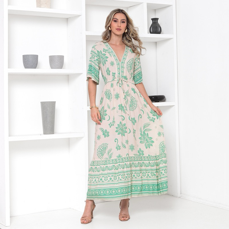 Vestido Longo Estampa Penol Moda Feminina C1 Verão