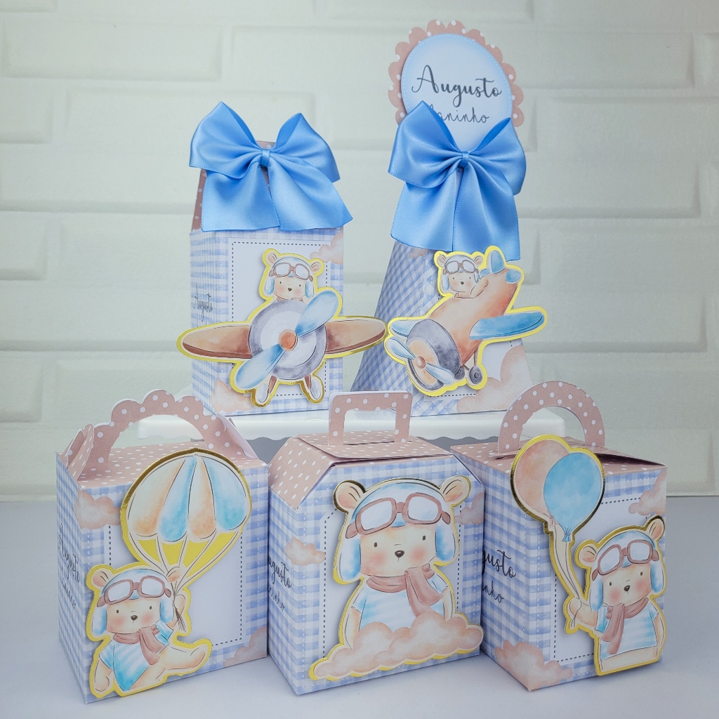 Kit Festa Personalizados - Ursinho Aviador - Lembrancinhas de aniversário - Caixinhas Personalizadas