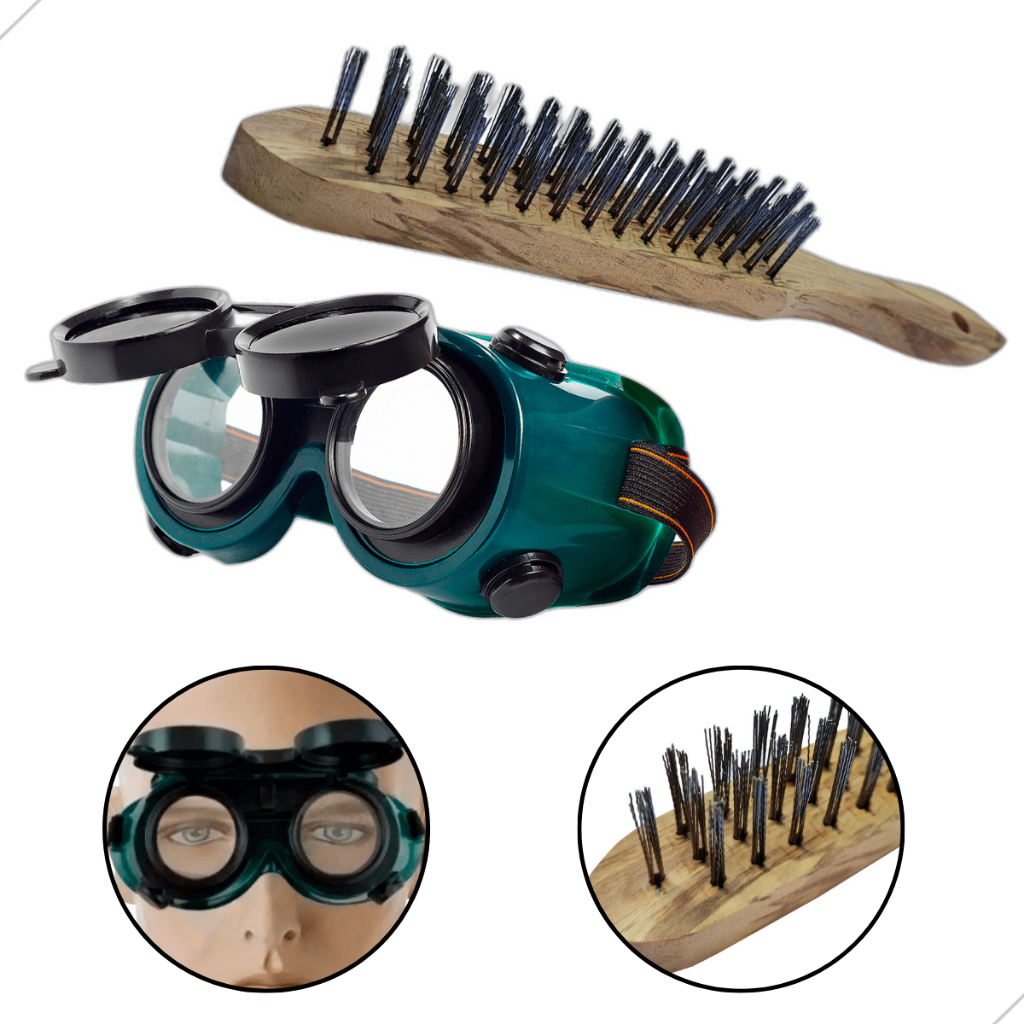 Kit Óculos de Solda Proteção e Segurança dos Olhos e Escova de Aço Limpeza de Escória de Solda Cabo Madeira 3 Fileiras