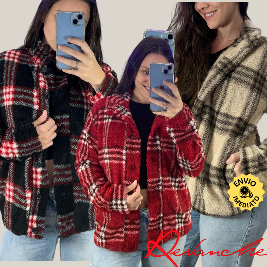 Casaco Feminino Teddy Xadrez com Botões - Blusa de Frio Inverno  - Jaqueta Fofinha  Femini...