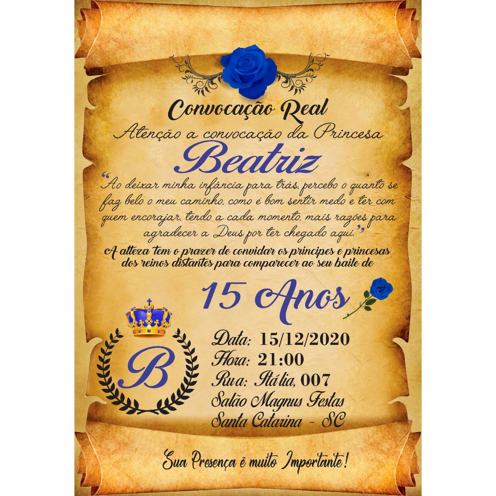 Convite Festa 15 Anos Debutante Tema Realeza - Convite Pergaminho Realeza + Convite Individual