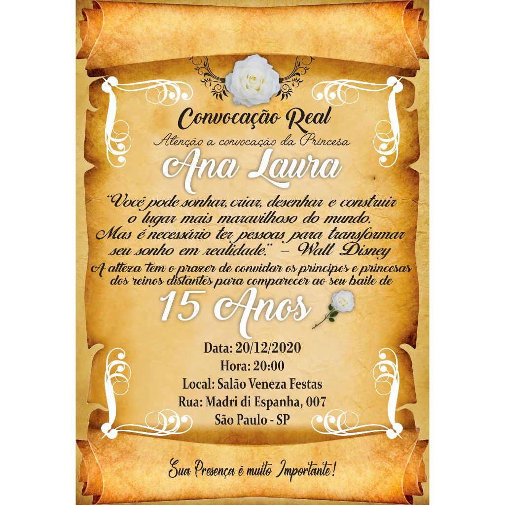 Convite Pergaminho Realeza Festa Aniversário 15 Anos Debutante - Convite Realeza + Individuais
