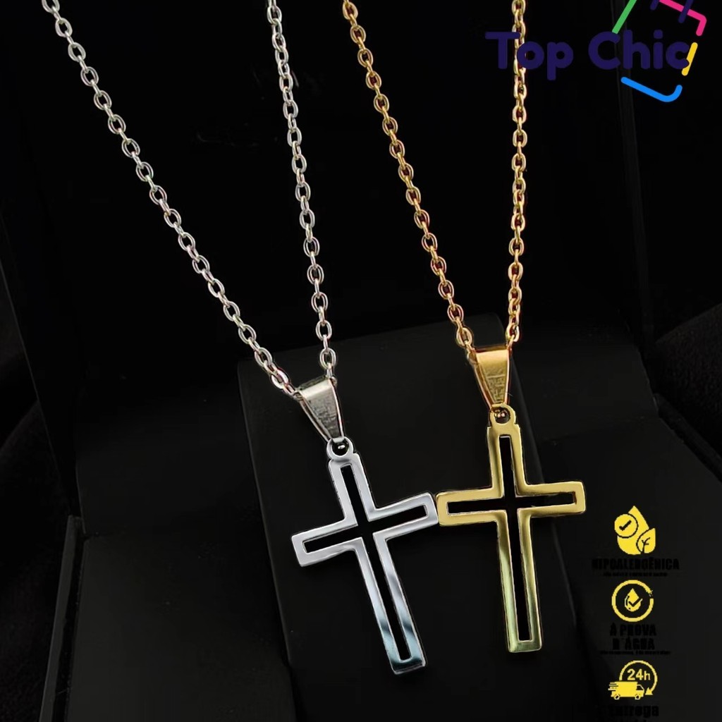 Corrente em Cruz De Aço Inox Vazado Gold com Pingente Unissex em Aço Inoxidável Símbolo Cristão em Oferta na Shopee