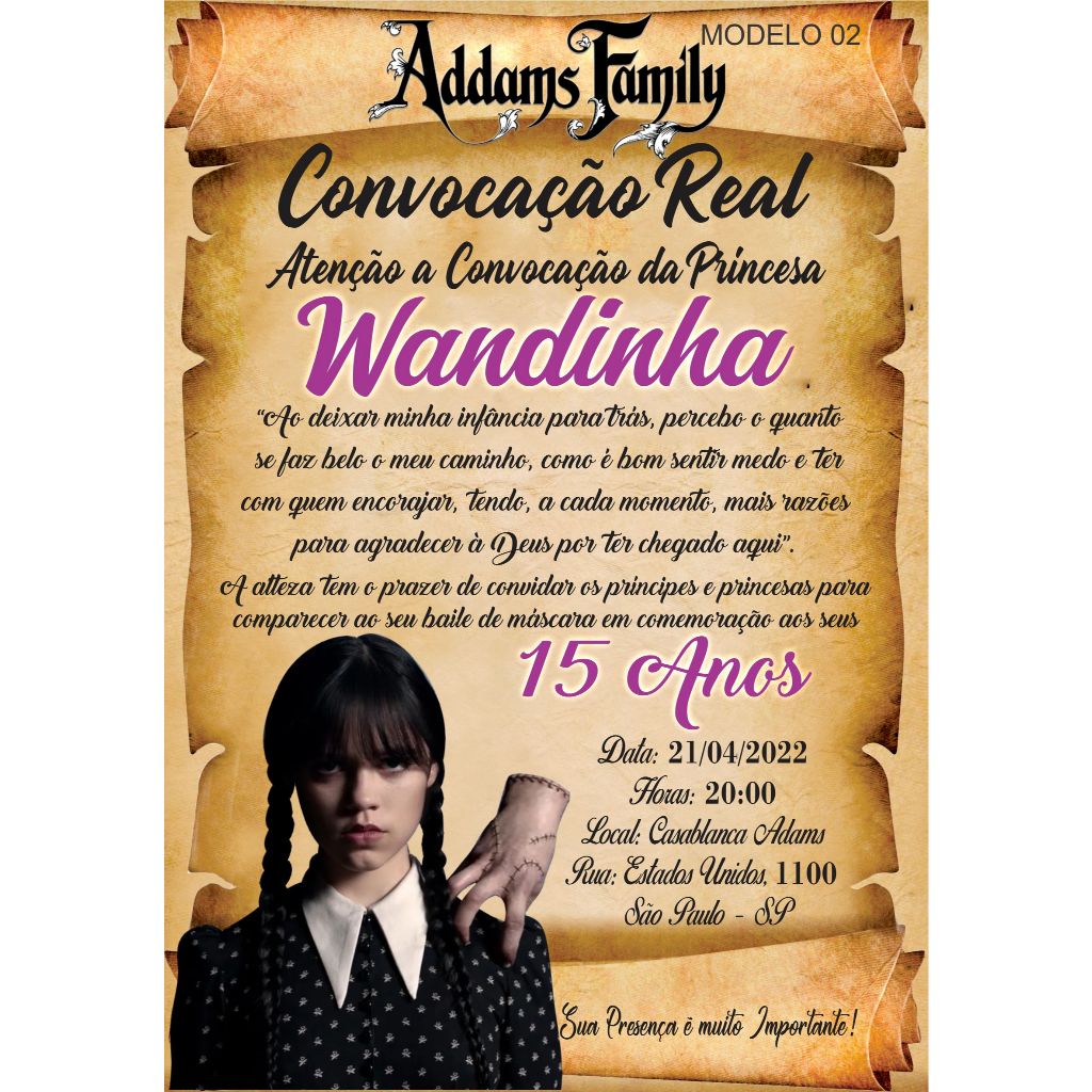 Convite Wandinha Addams Festa de Aniversário 15 Anos - Convite Pergaminho Wandinha + Individuais