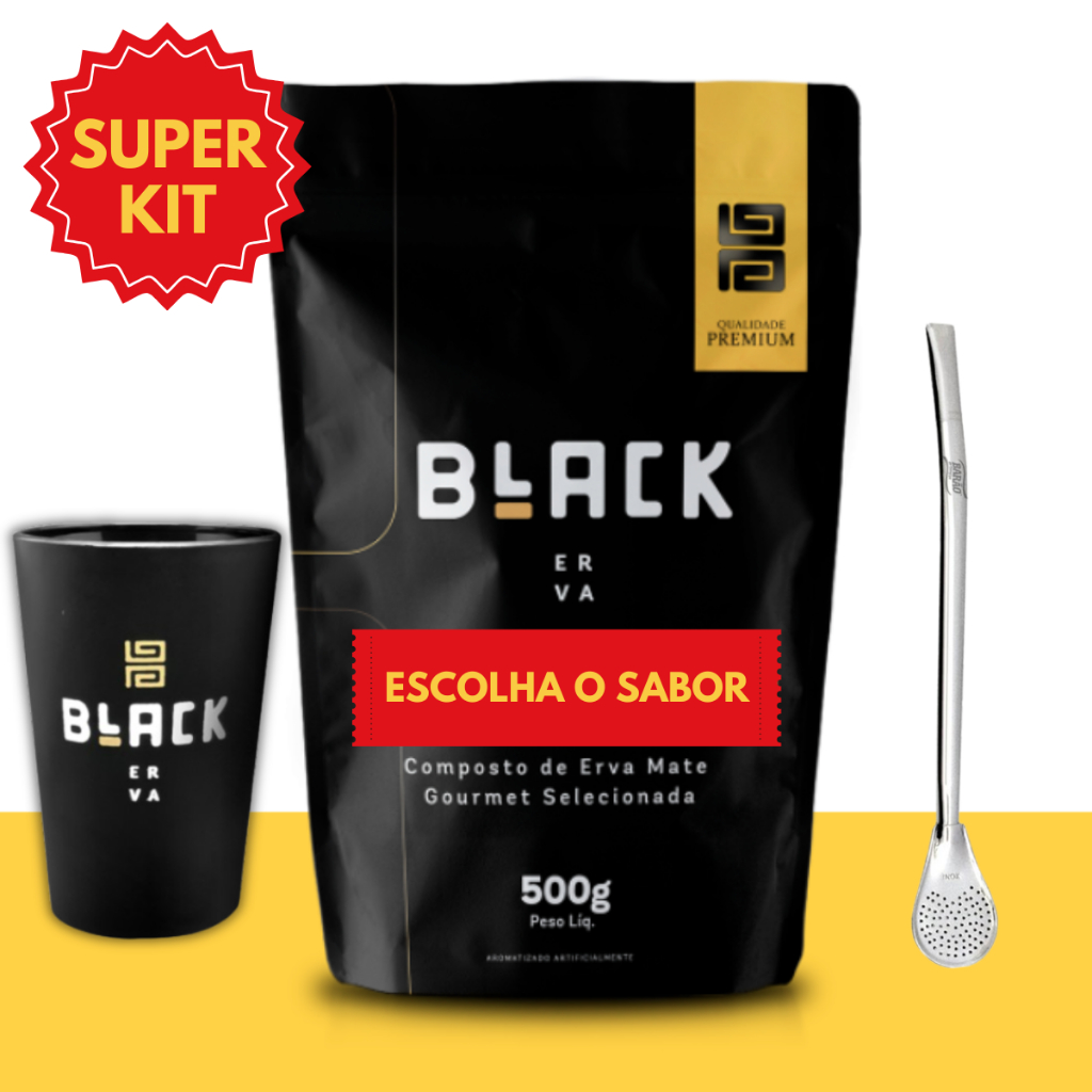 KIT TERERÉ COMPLETO BLACK Erva Mate 500g + Copo Preto 350Ml + Bomba Cromada