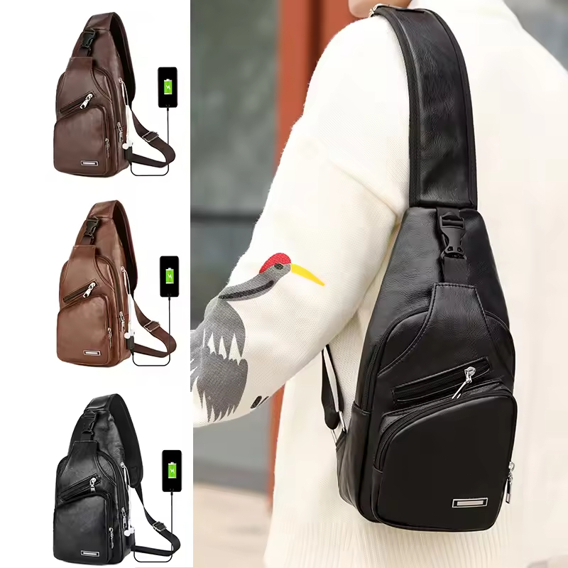 Bolsa Masculina em PU com USB: Peitoral Multifuncional Unicolor - Estilo Casual para Deslocamento