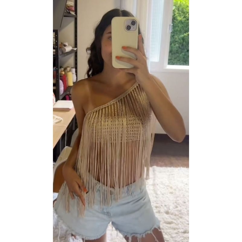 Conjunto em crochê cropped com franjas moda verão feminina linha seda
