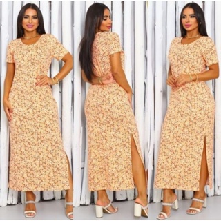 Vestido Longo Estampado, Com Fenda nas Laterais, Moda Evangélica em Oferta na Shopee