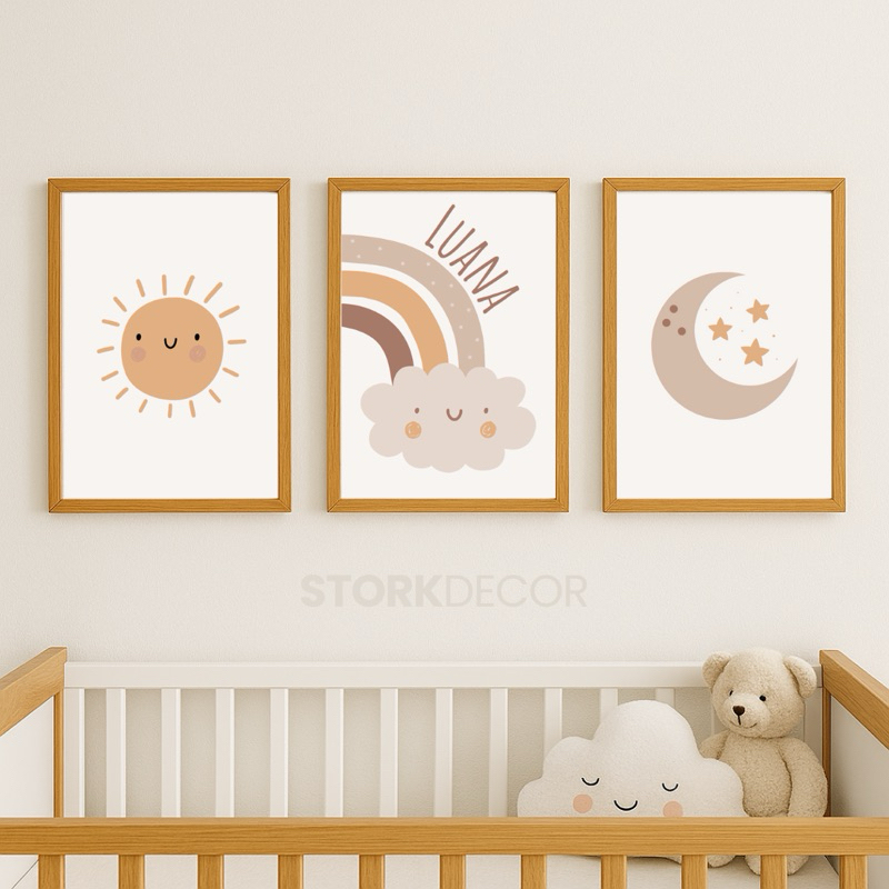 Kit 3 Quadros Decorativos Infantil Personalizado Nome Bebê Para Quarto Ou Porta Maternidade Sol Arco-íris e Lua