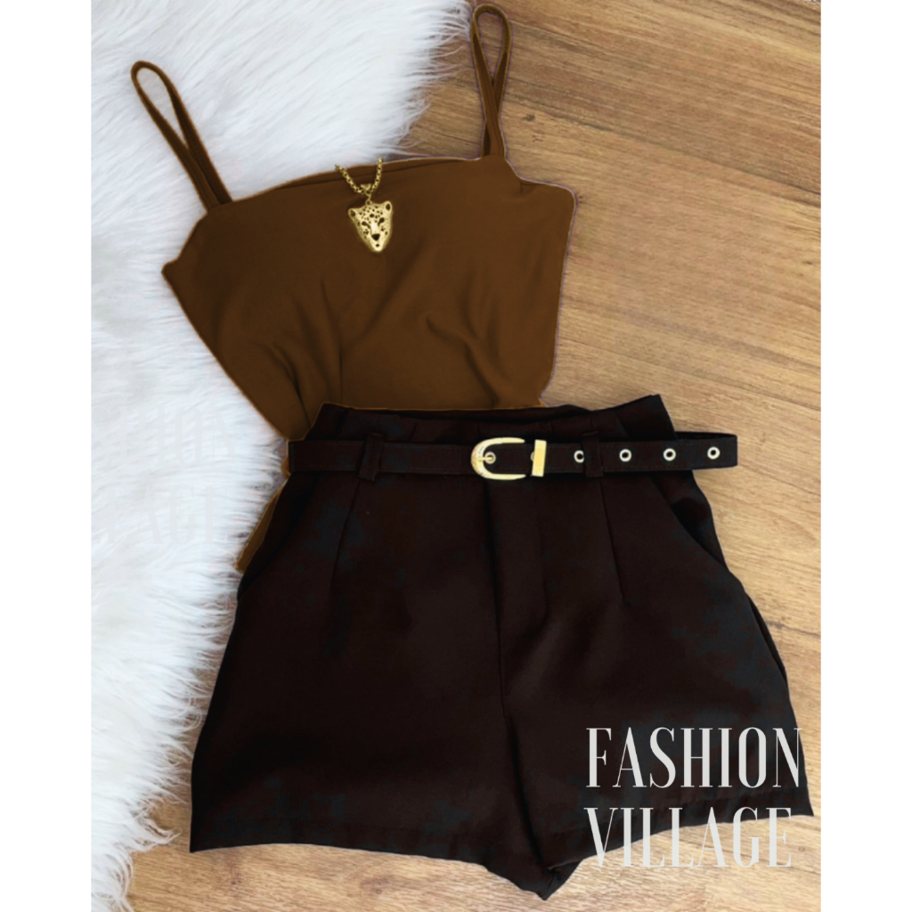 Conjunto2 body alcinha + Short YOS preto com cinto ESTILOSO Inspiração Moda Blogueira verão 2028