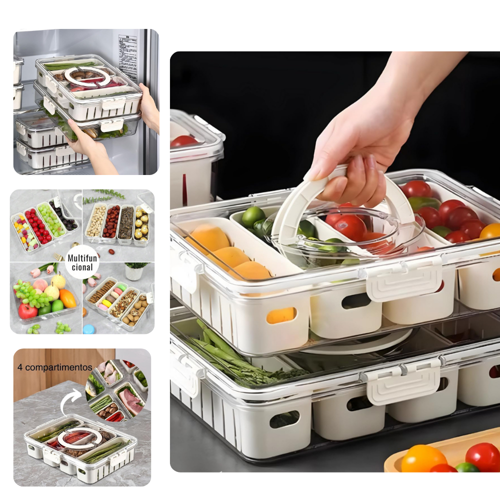 Organizador de Geladeira Suporte Cesto Com Tampa Hermético Transparente Divisórias Legumes e Frios