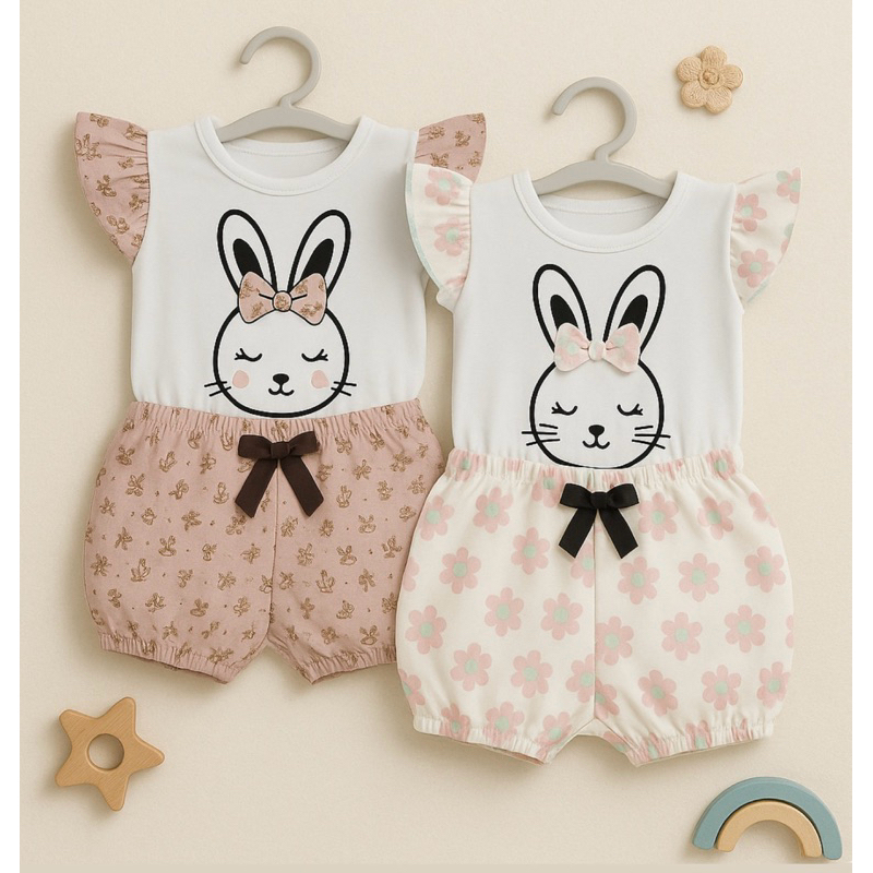 Conjunto Bebê Menina Blusa e Short G Estampado de Coelhinho | Roupa Infantil Verão Algodão | Enxoval bebê menina no