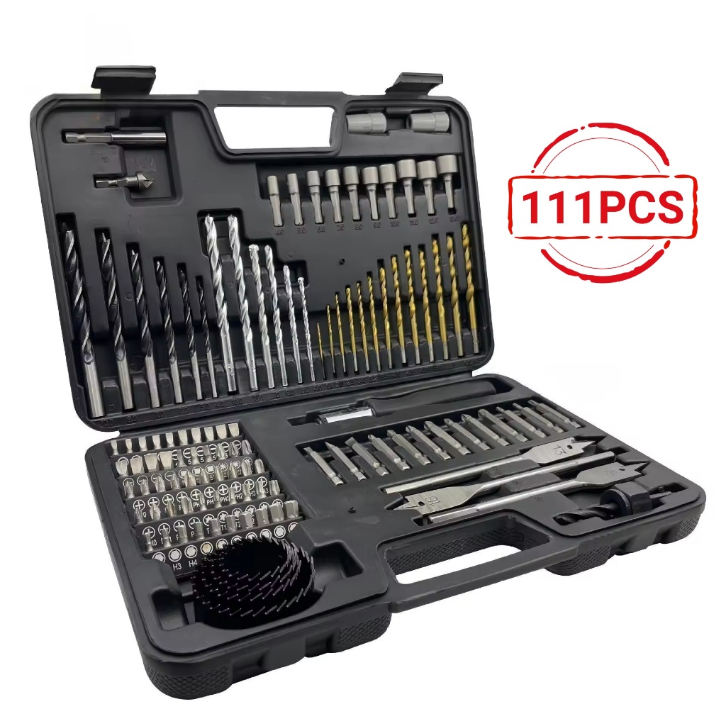 Conjunto de brocas 111 peças para construção, marcenaria, broca plana, kit de ferramentas de perfuração