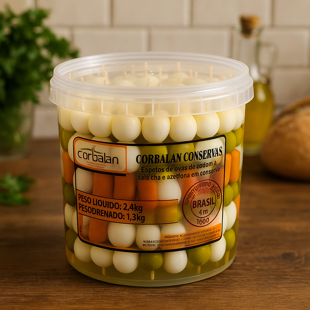 Balde espeto misto em conserva 2.4kg Ovo de codorna+ Salsicha+ Azeitonas Aperitivo festa Petisco