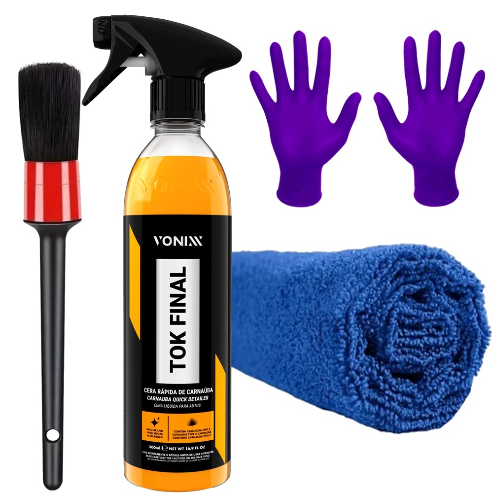Kit Vonixx Limpeza Estética Automotiva Cera Carnaúba Tok Final Spray Toalha Microfibra Pincel Luva Nitrilica Karbox