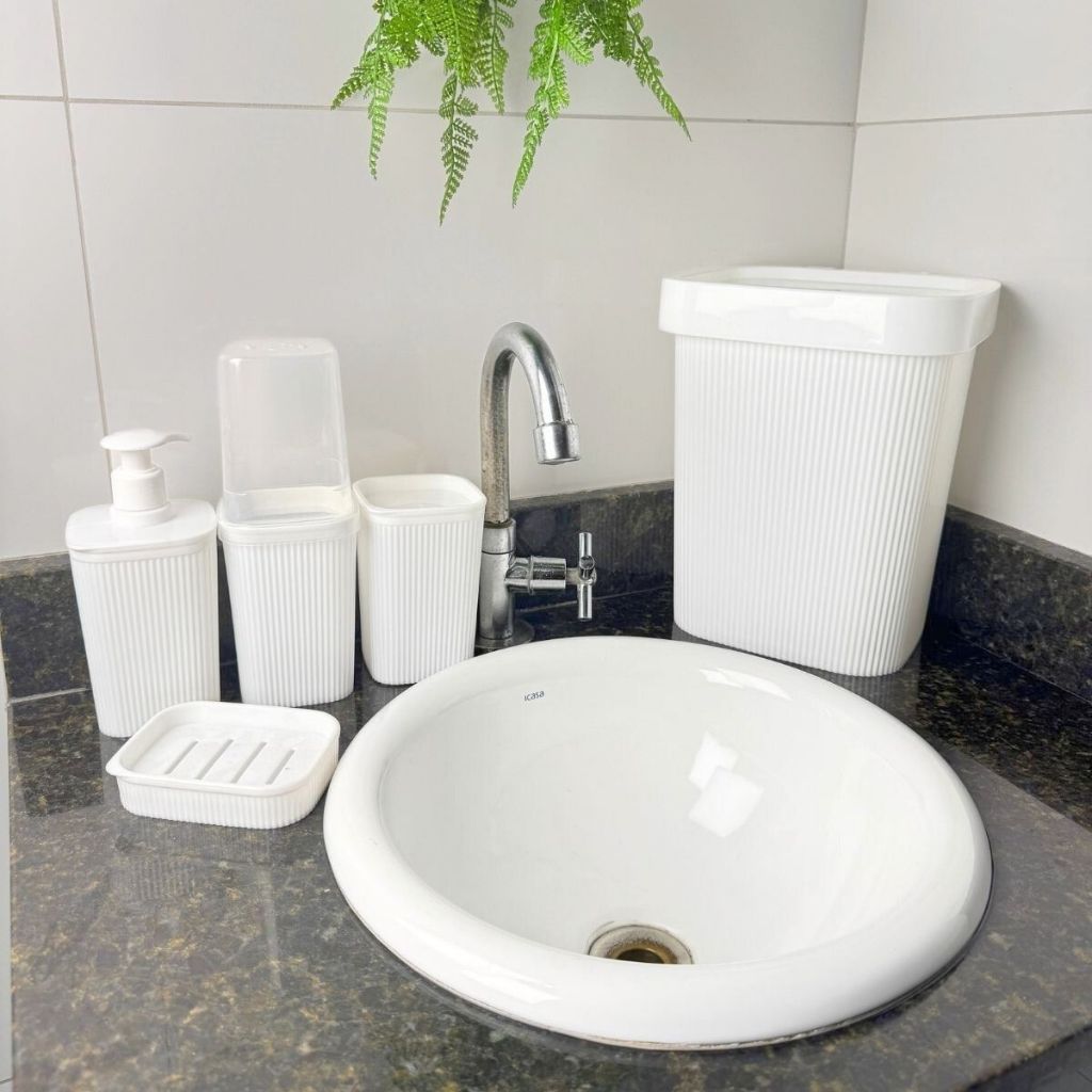 Kit Banheiro ou Peças Avulsas – Porta Escova, Saboneteira, Porta Algodão, Lixeira e Mais (Escolha Modelo e Cor)