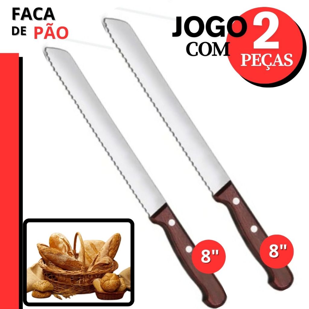 Faca de Pão e Bolos INOX 8" com Serrilhada Cabo Madeira 2 Peças para Cozinha Restaurante Padarias