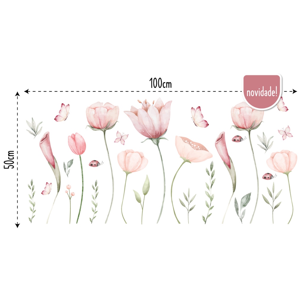 Adesivo de Parede Sem Fundo com Flores em Aquarela Cascata de Raminhos Jardim e Borboletas