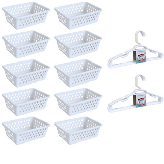 Kit 10 Cesto Organizador e 10 Cabide Infantil Branco Rosa Transparente Azul