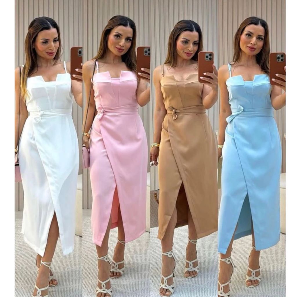 Vestido Midi Alfaiataria Com Fenda Alça Moda Super Tendencia PROMOÇÃO