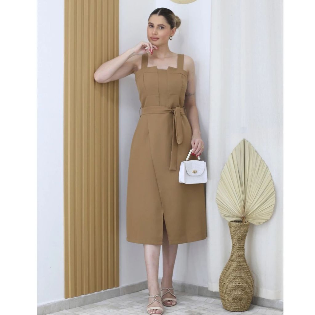 Vestido Midi Alfaiataria Com Fenda Alça Moda Super Tendencia PROMOÇÃO