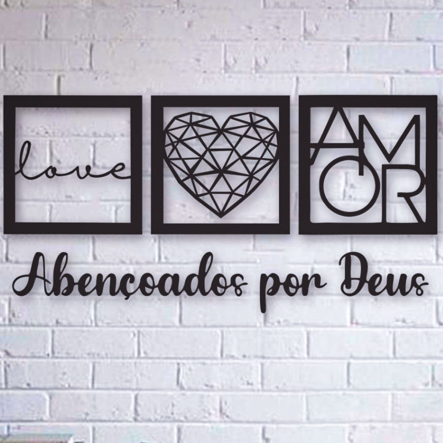 Kit 3 Quadros Decorativo Sala Love Coração Geométrico Amor + Frase Abençoados por Deus MDF 3mm Preto em Oferta na Shopee