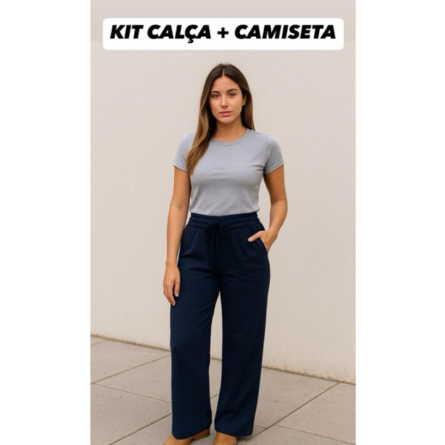 Conjunto feminino Kit com 2 peças Calça Pantalona + Camiseta basica manga curta - kit de roupa femin