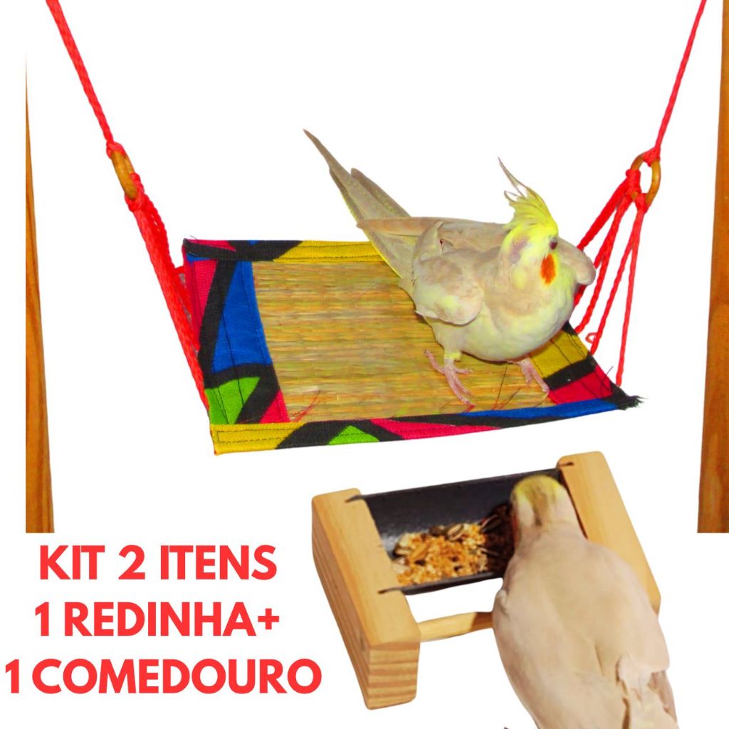 Kit 2 Brinquedos Para Calopsita  Rede + Comedouro Alimentador Gaiola De Passaros Periquitos