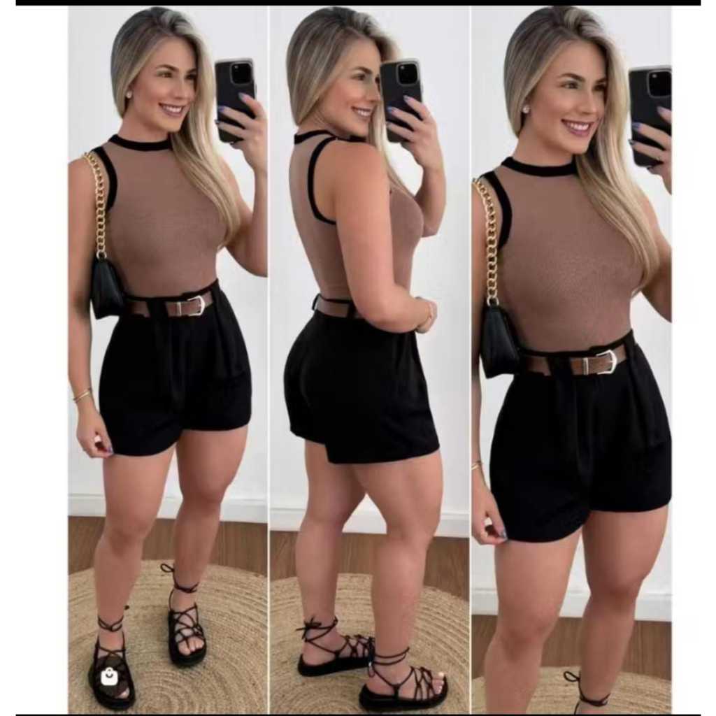 Conjunto Cropped Regata Anarruga + Short 3D Alfaiataria Cinto Casual P M G GG