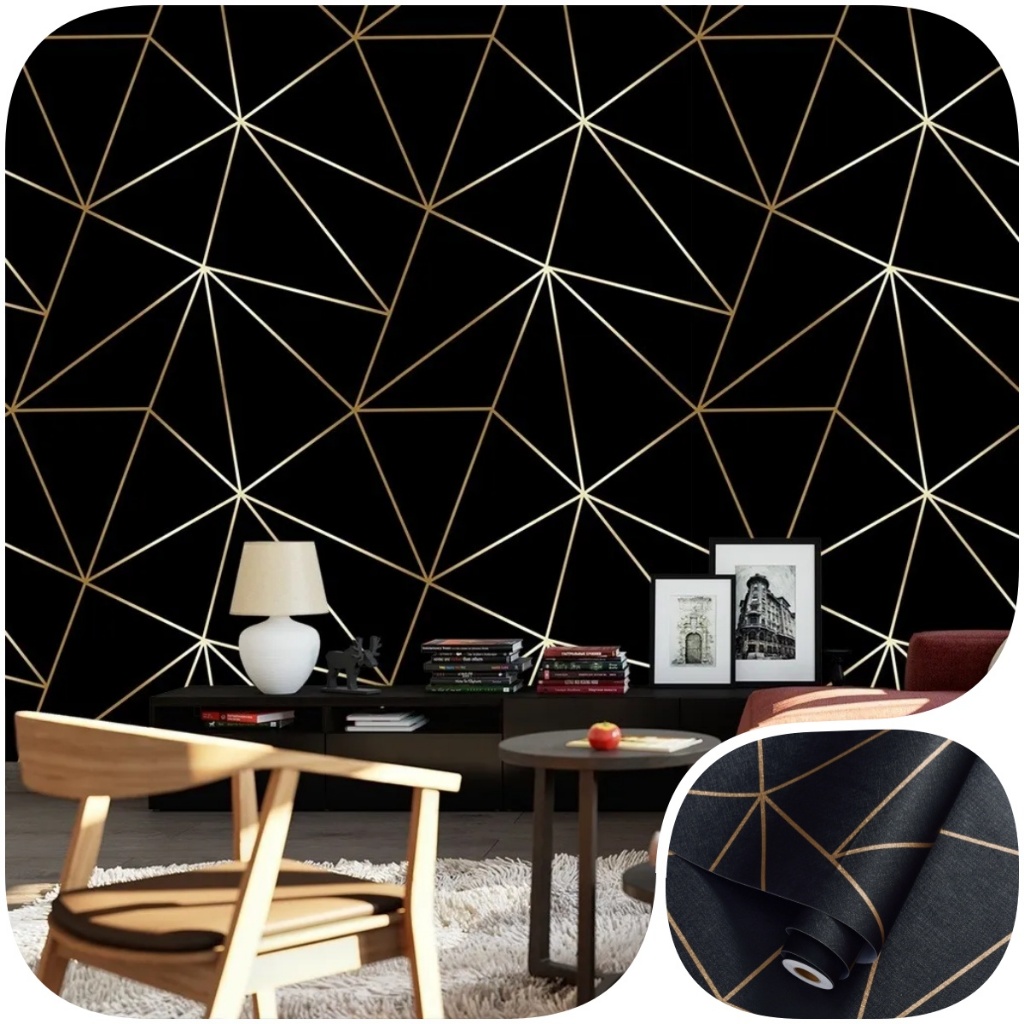 Papel de Parede Preta  com linhas Douradas 3D Para Decoração