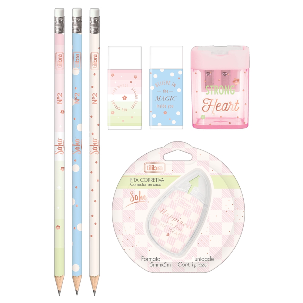 Kit Escolar Soho Tilibra com 3 Lápis Pretos + 2 Borrachas + 1 Apontador com Depósito + 1 Fita Corretiva
