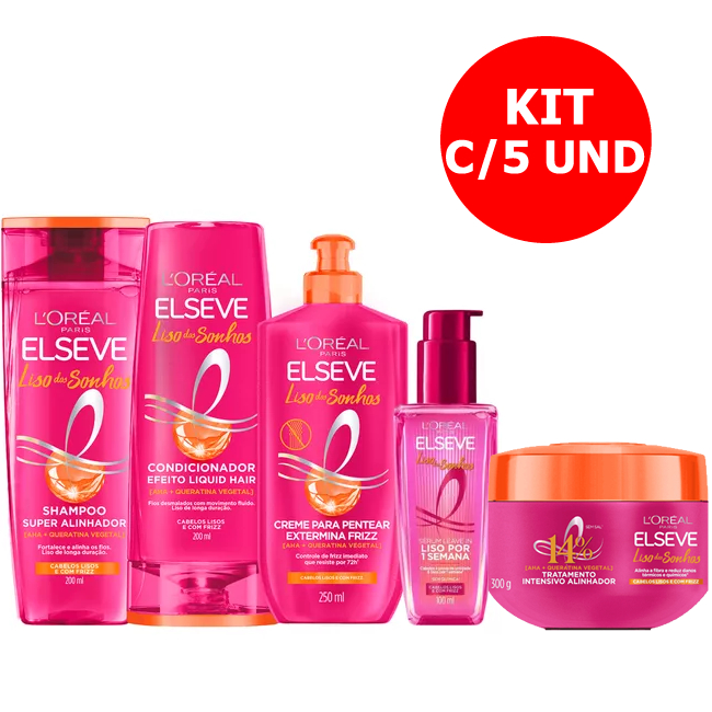 KIT ELSEVE LISO DOS SONHOS C/5 ITENS 1SH 200ML+1COND 200ML+1CR PENT 250ML+1 MASC TRAR 300ML+1 SERUM 100ML em Oferta na Shopee