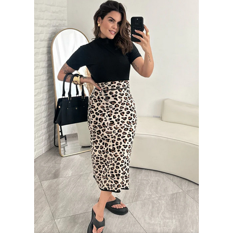 Saia  modal Midi Estampa Animal Print