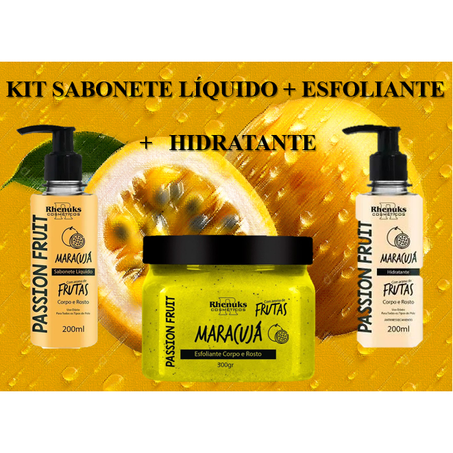 KIT SABONETE LÍQUIDO + ESFOLIANTE + HIDRATANTE CORPORAL - MARACUJÁ - RHENUKS em Oferta na Shopee