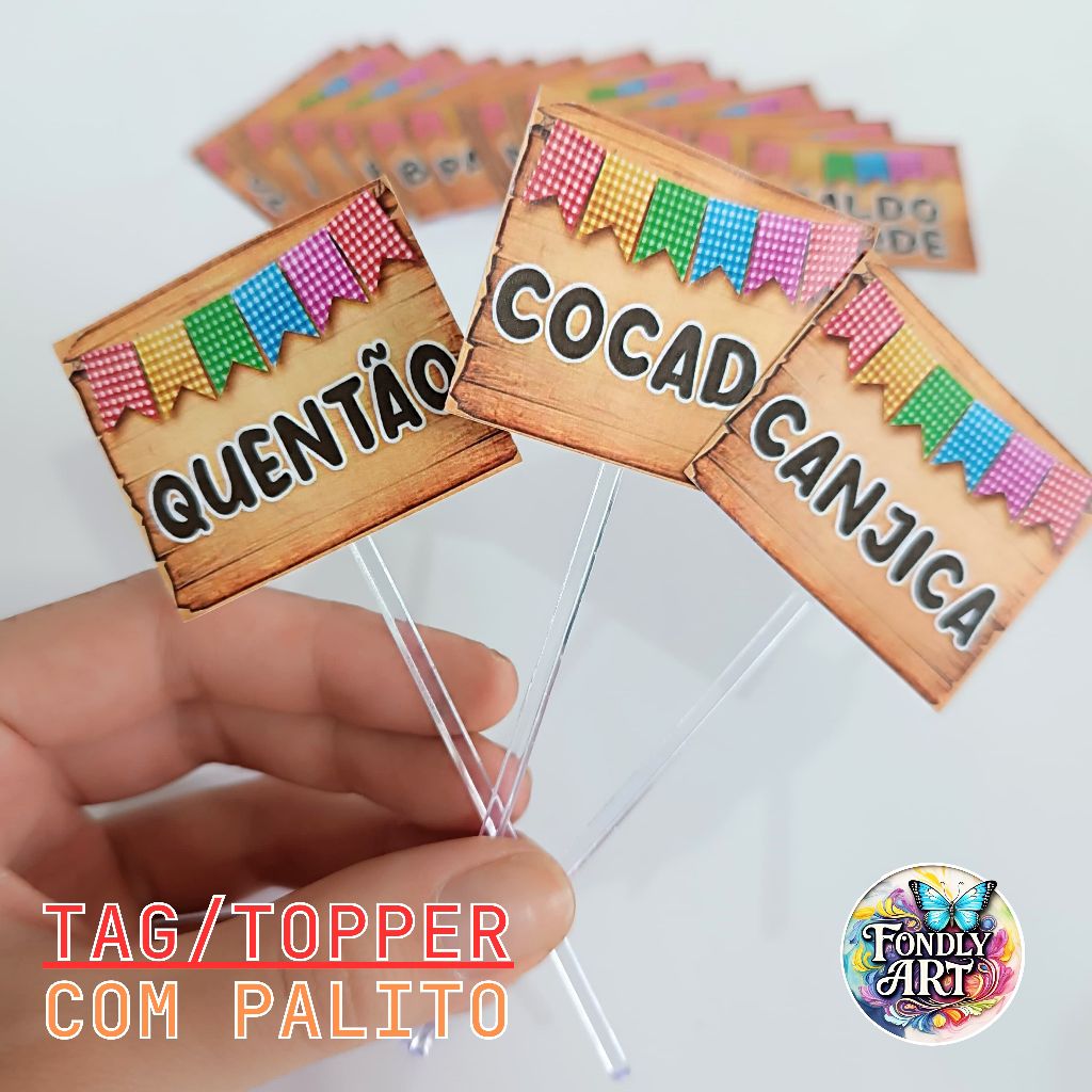 Kit 48 ou 24 Plaquinhas de pratos e comidas típicas de Festa Junina arraial - Toppers / Tags / Placa