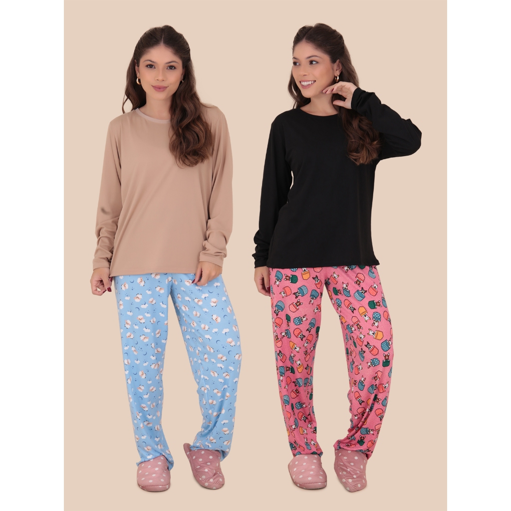 KIT 2 Pijamas Sonho Manga Longa Felpado Inverno em Oferta na Shopee