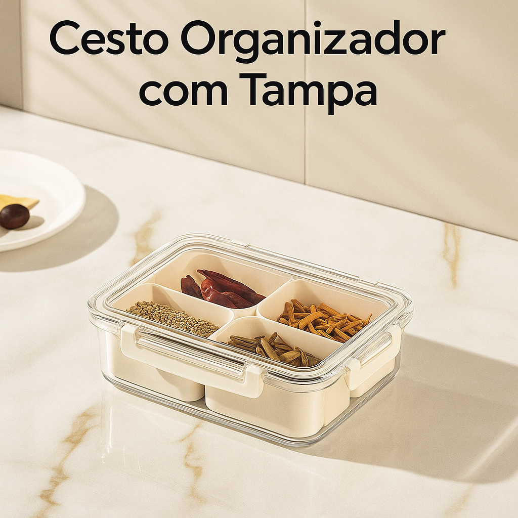 Cesto Organizador com Tampa para Geladeira | 4 Divisórias | Plástico Resistente e Transparente