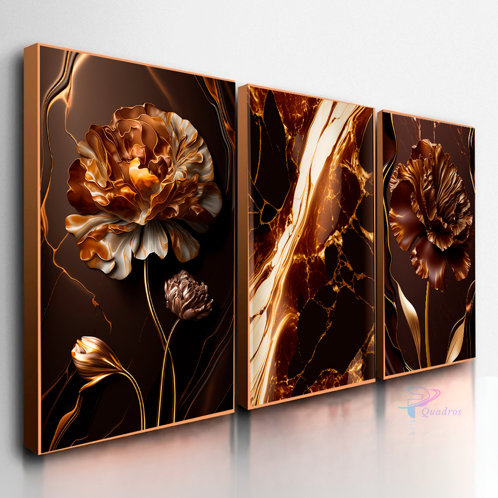 Quadros Decorativos 3 Peças Flor Dourada Marrom Mármore Cobre Casa Sala Quarto Decoração Hall