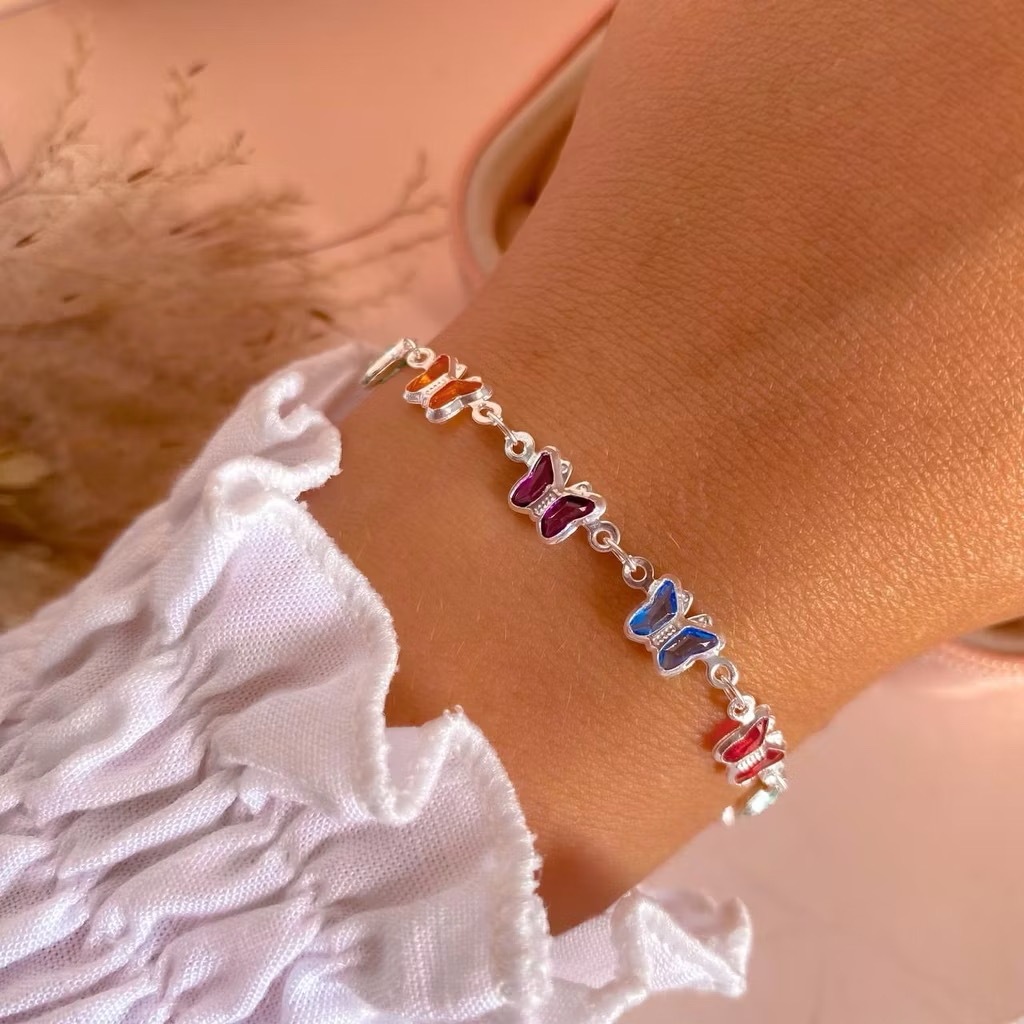 Pulseira borboleta colorida Folheado Danhado A Prata 925 em Oferta na Shopee