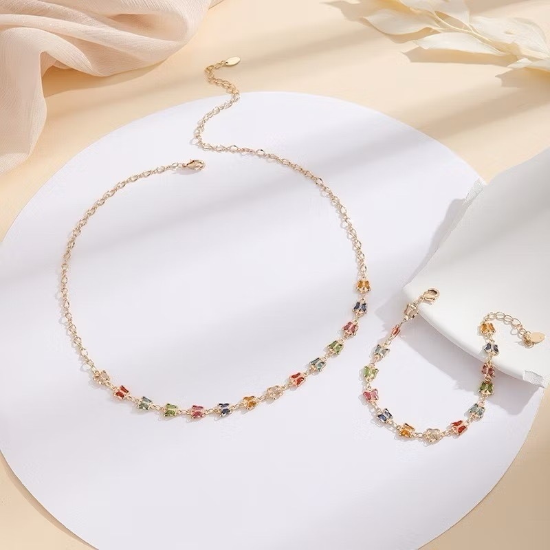 kit colar+pulseira borboletas coloridas folheado a ouro 18k