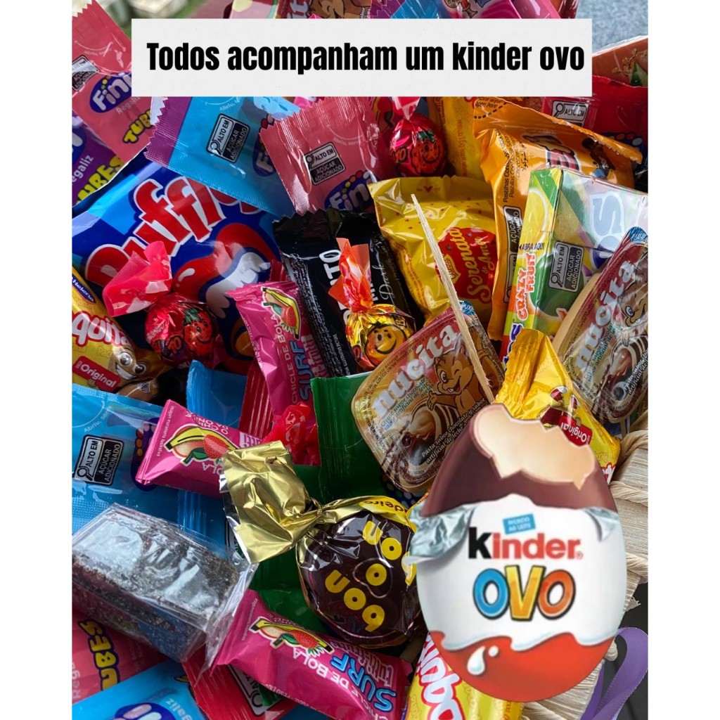 CAIXA KIT COM 20 GULOSEIMAS DOCES KINDER OVO CHOCOLATE BALAS SNACK ELMA CHIPS FINI CARAMELO DOCE DE LEITE BALA FINI