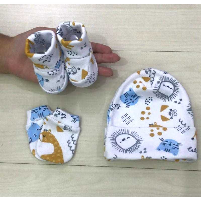 Kit Touca Luvas e Pantufa Safari e Leãozinho Recém Nascido Enxoval Bebê Menino Maternidade