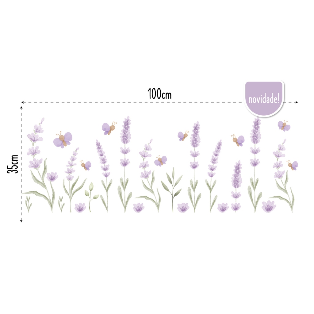 Adesivo de Parede com Recorte Sem Fundo com Flores Lavanda Jardim e Borboletas Abelhas Cascata em Aquarela