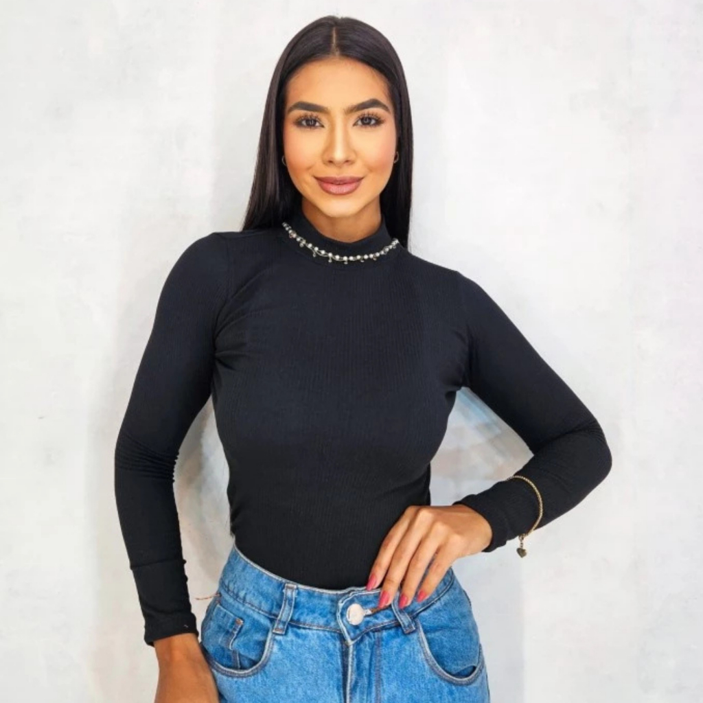 Blusa Feminina Manga Longa Malha Canelada Gola Alta Confortável e Estilosa Toque Macio Designer Ideal Moderna Versátil